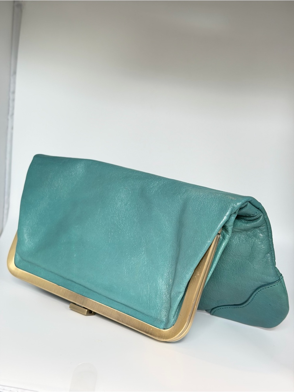 Kate Landry 2008 Teal Leather Gold Frame Clutch Y2K Handbag